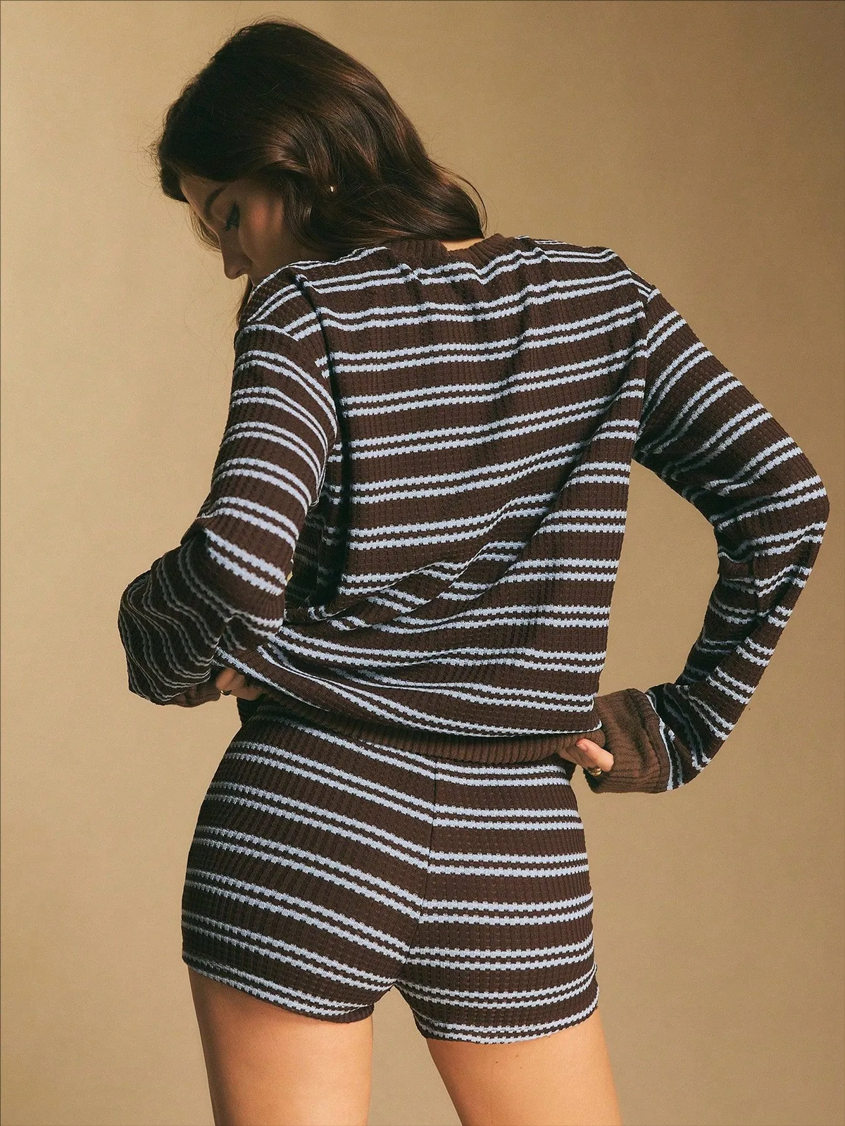 Striped Knit Long-Sleeve Top and Drawstring Shorts Set