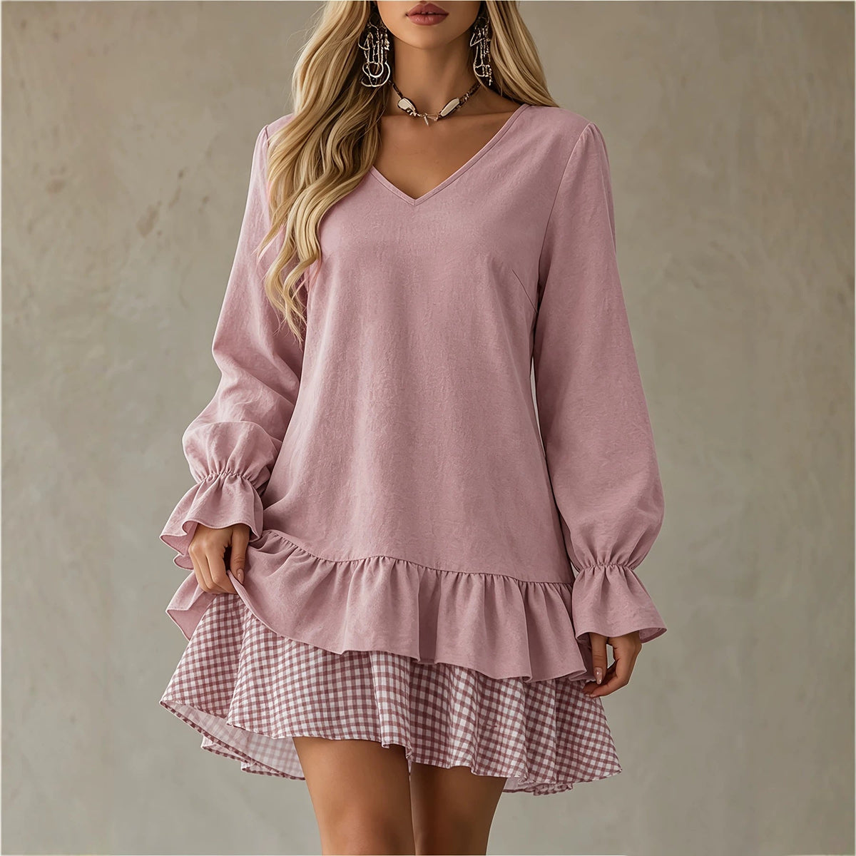 Plaid Patchwork V-Neck Ruffle-Hem Mini Dress