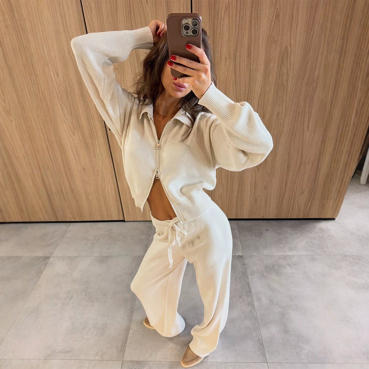 Zip-up Sweater Cardigan And Drawstring Knit Pants Set
