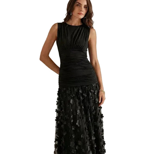 Black Ruched Bodice Textured Floral Maxi Dress
