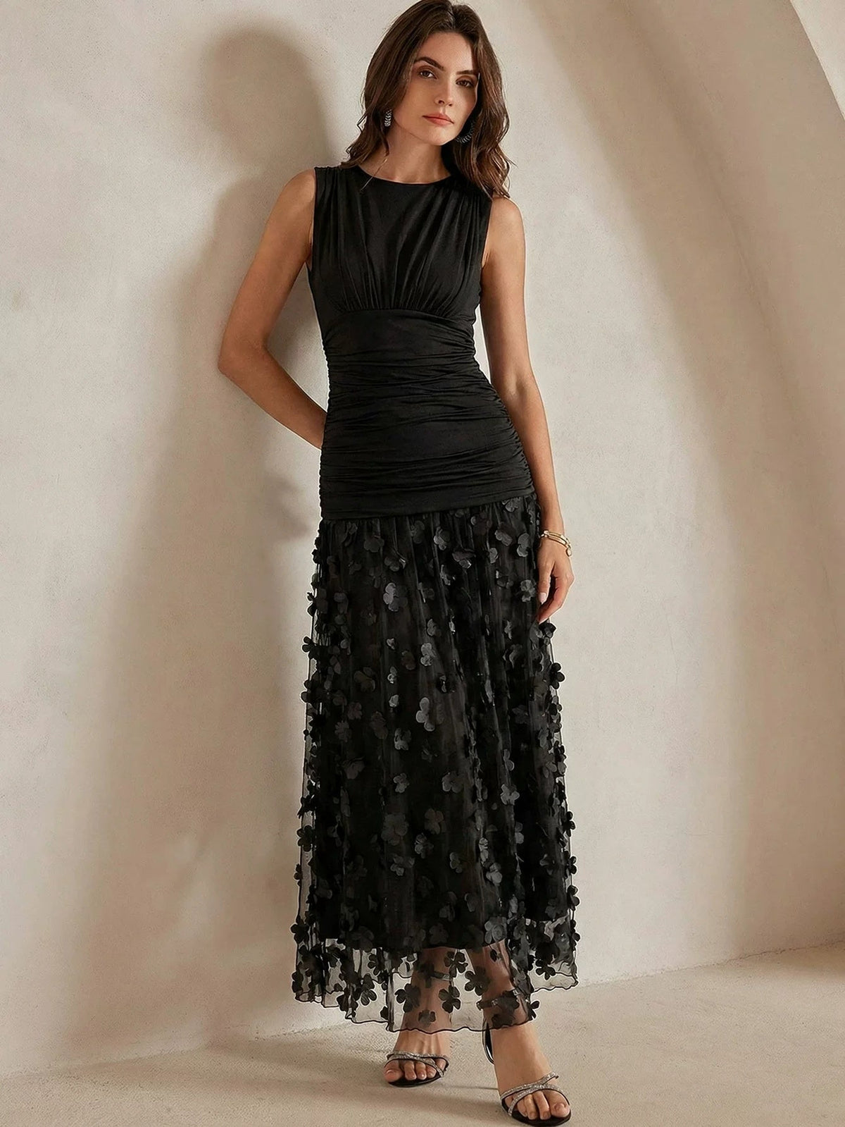 Black Ruched Bodice Textured Floral Maxi Dress