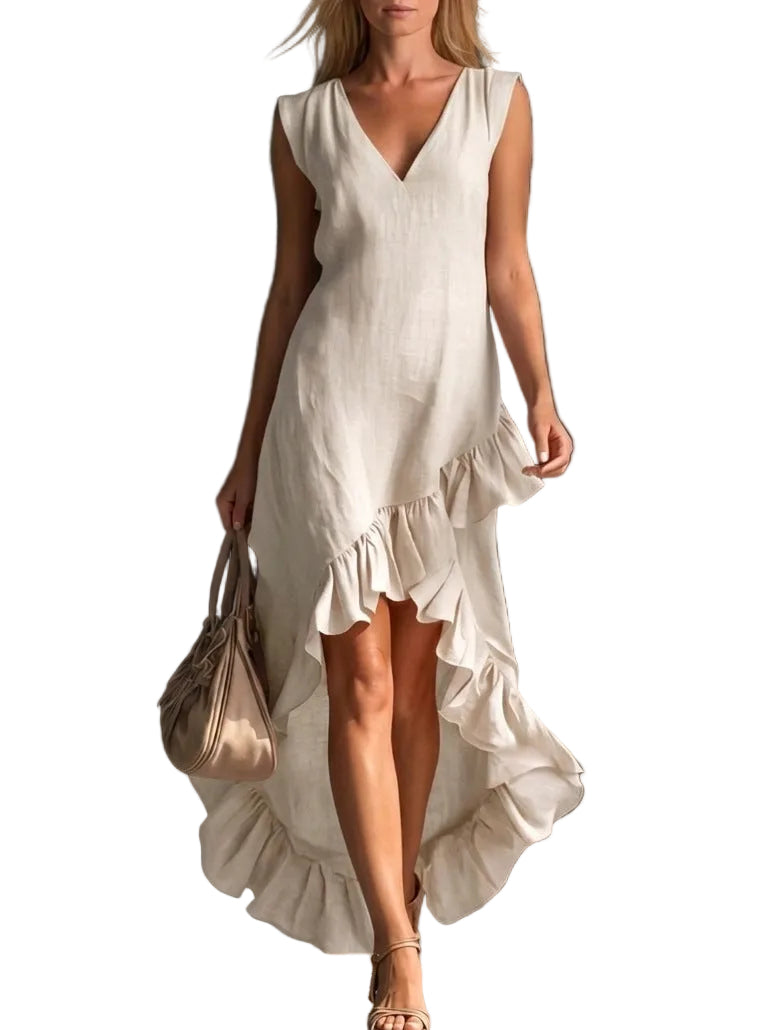 Sleeveless V-Neck High-Low Ruffle Maxi Dress