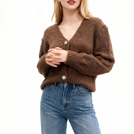 Vintage Knitted Cardigan With A V-neck Solid-color Sweater