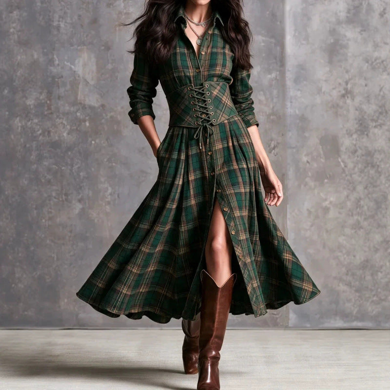 Women's Retro Western Plaid Detachable Waist-Cinching Long Dress