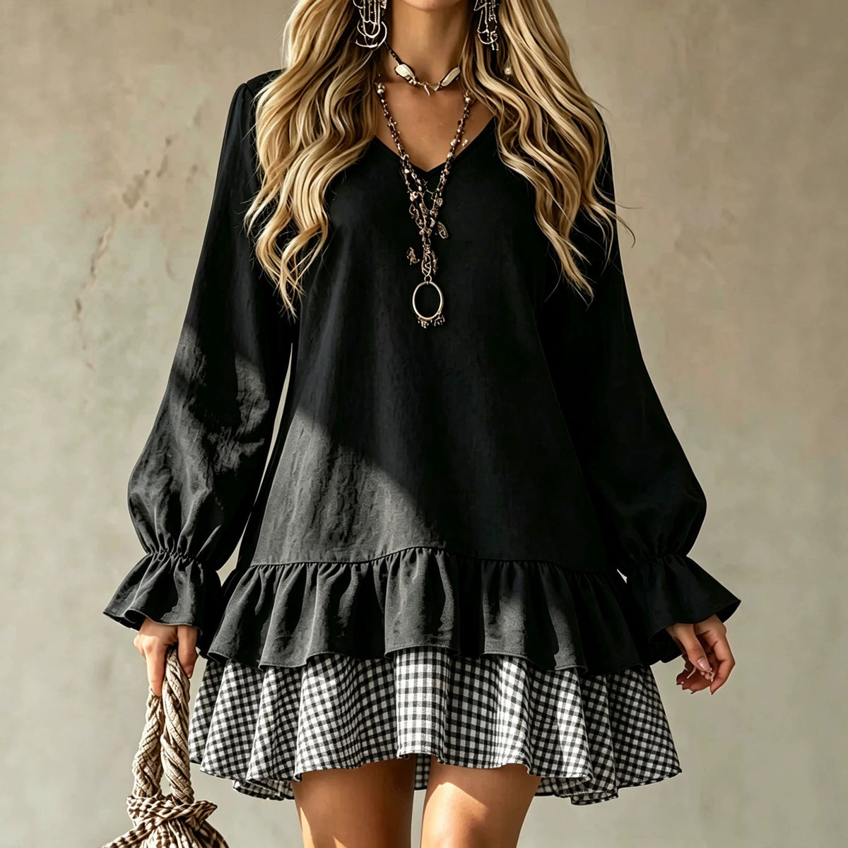 Plaid Patchwork V-Neck Ruffle-Hem Mini Dress