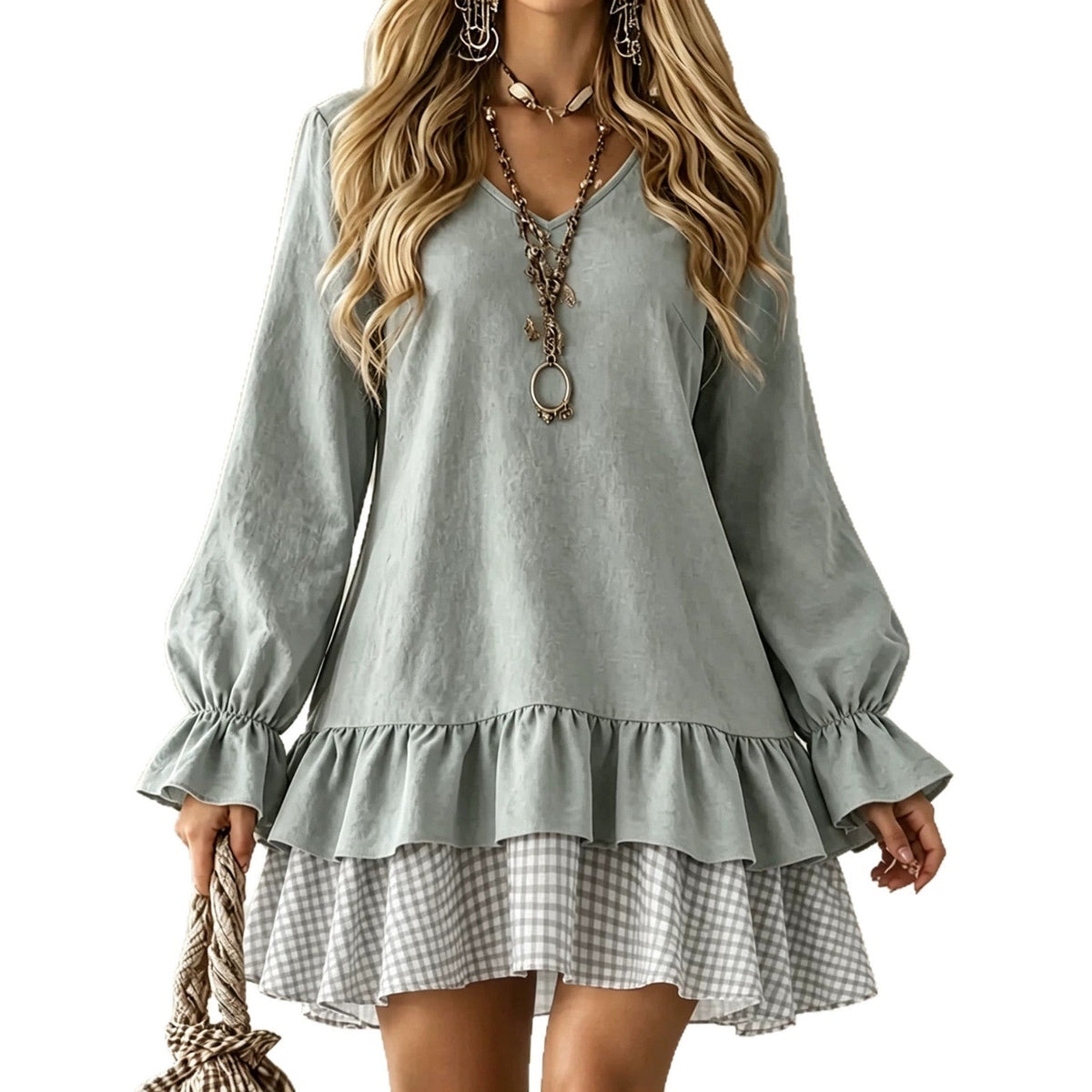 Plaid Patchwork V-Neck Ruffle-Hem Mini Dress