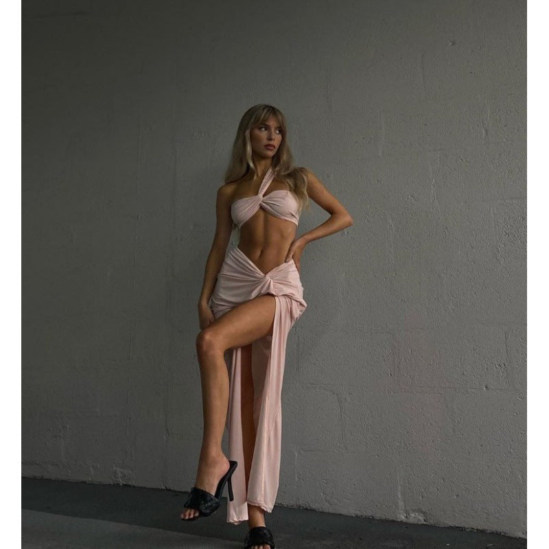 Temperament Elastic Tube Top Irregular Top + Twisted Slit High Waist Skirt Suit Y