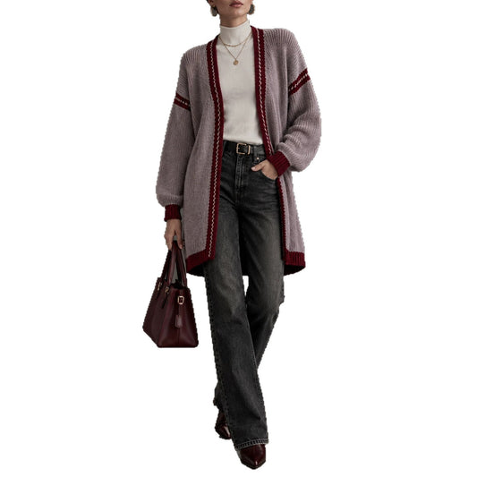 Vintage Burgundy Knitted Cardigan With Bound Edges