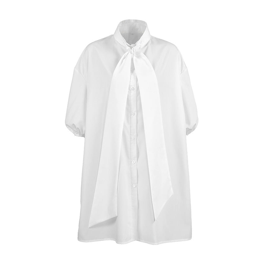 White Satin Tie-Neck Relaxed Workwear Blouse