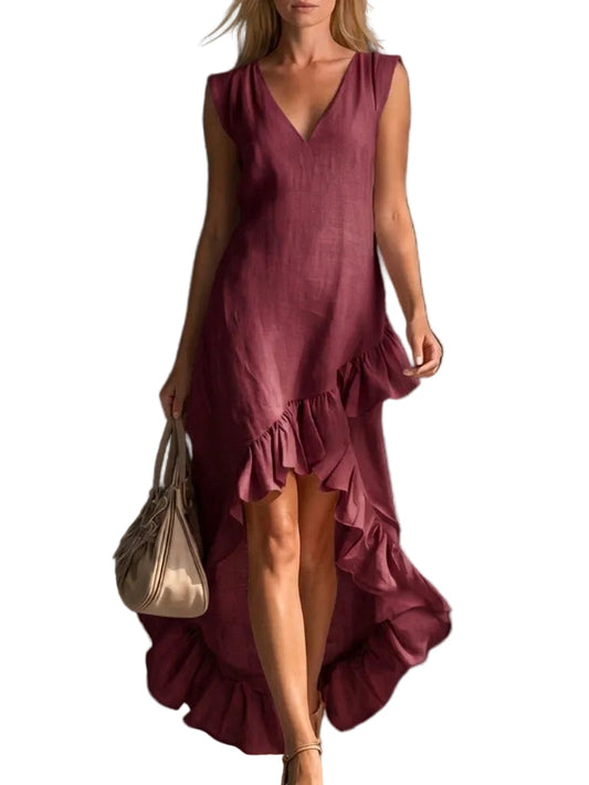 Sleeveless V-Neck High-Low Ruffle Maxi Dress