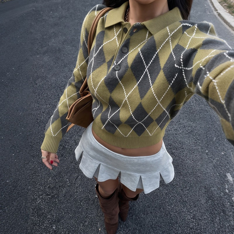 Women V Neck Diamond Check Knitted Pullover Sweater