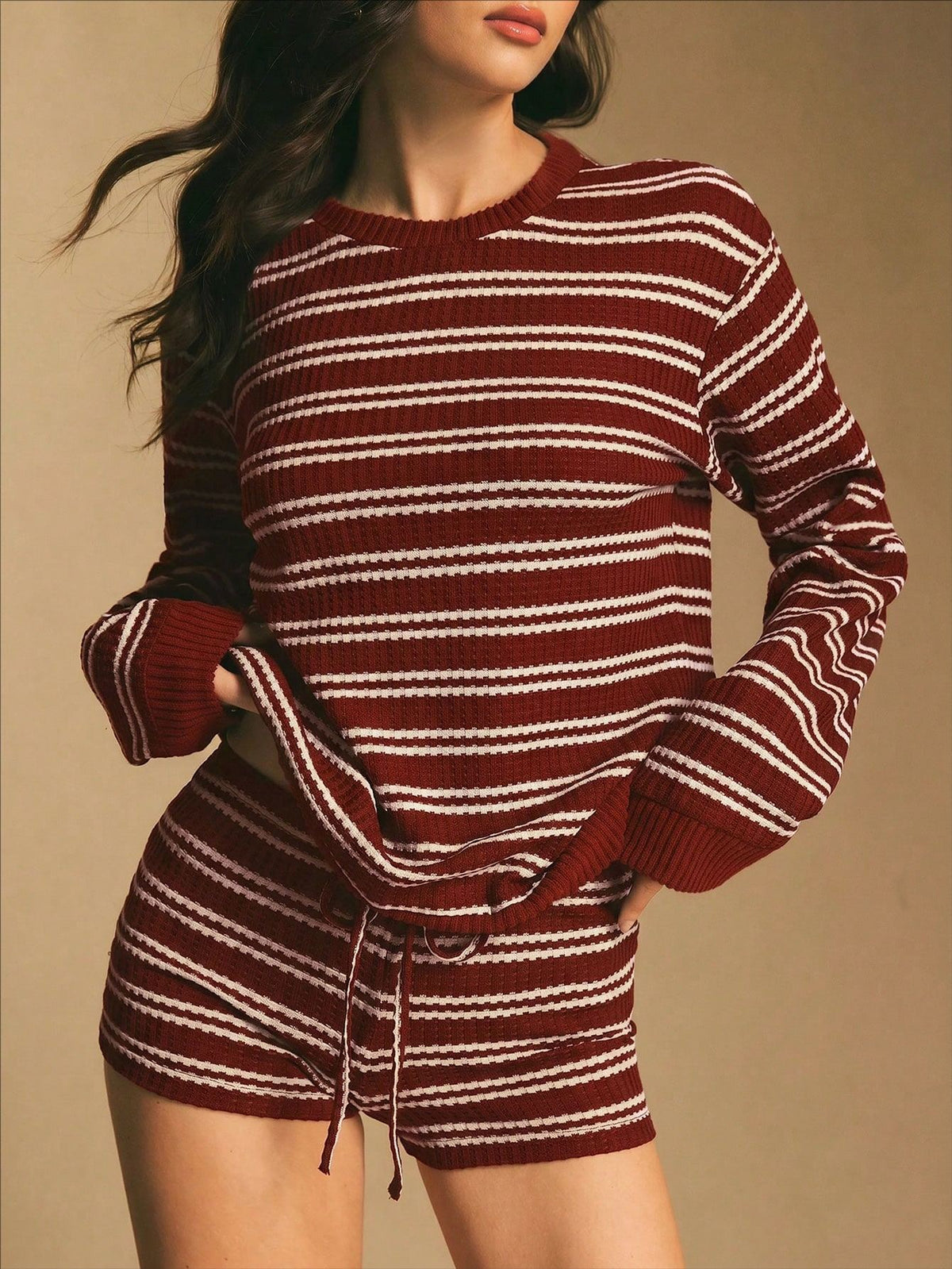 Striped Knit Long-Sleeve Top and Drawstring Shorts Set