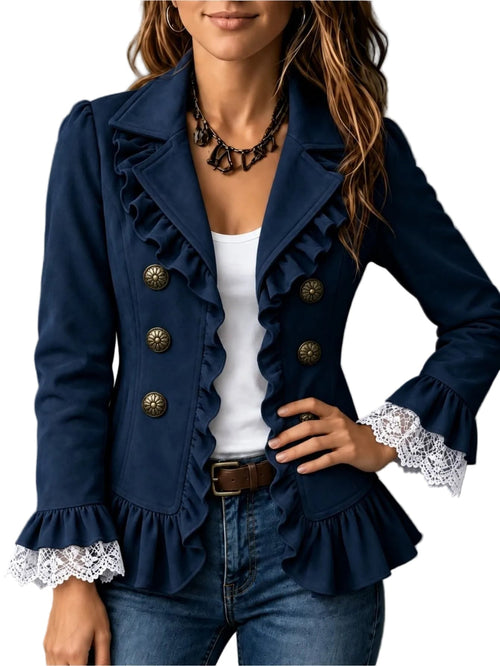 Navy ruffle trim double-breasted peplum blazer with lace cuffs
